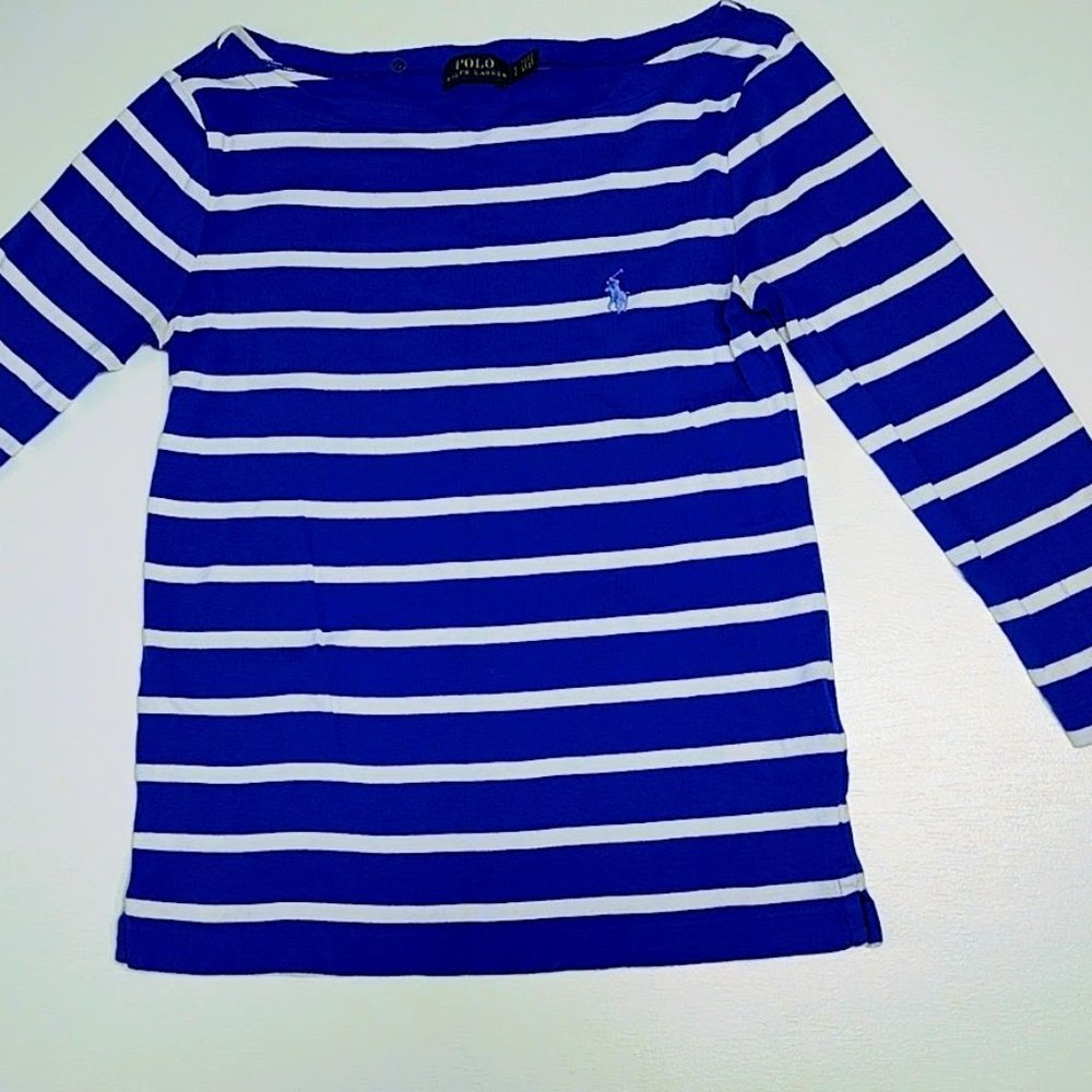 polo lauren camisa azul rallas blancas mangas 3 cuartos talla S